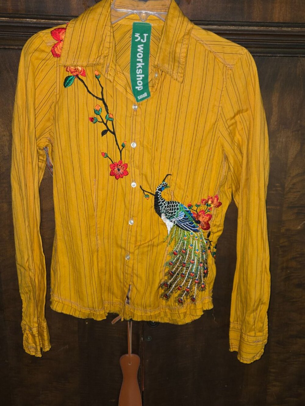 Johnny Was 3J Workshop Embroidered Peacock Floral L/S Yellow Cotton Blouse Sz S